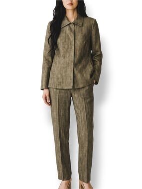 Vintage Tamotsu New York Olive Metallic Stripe Pant Suit Set Jacket Pants 4